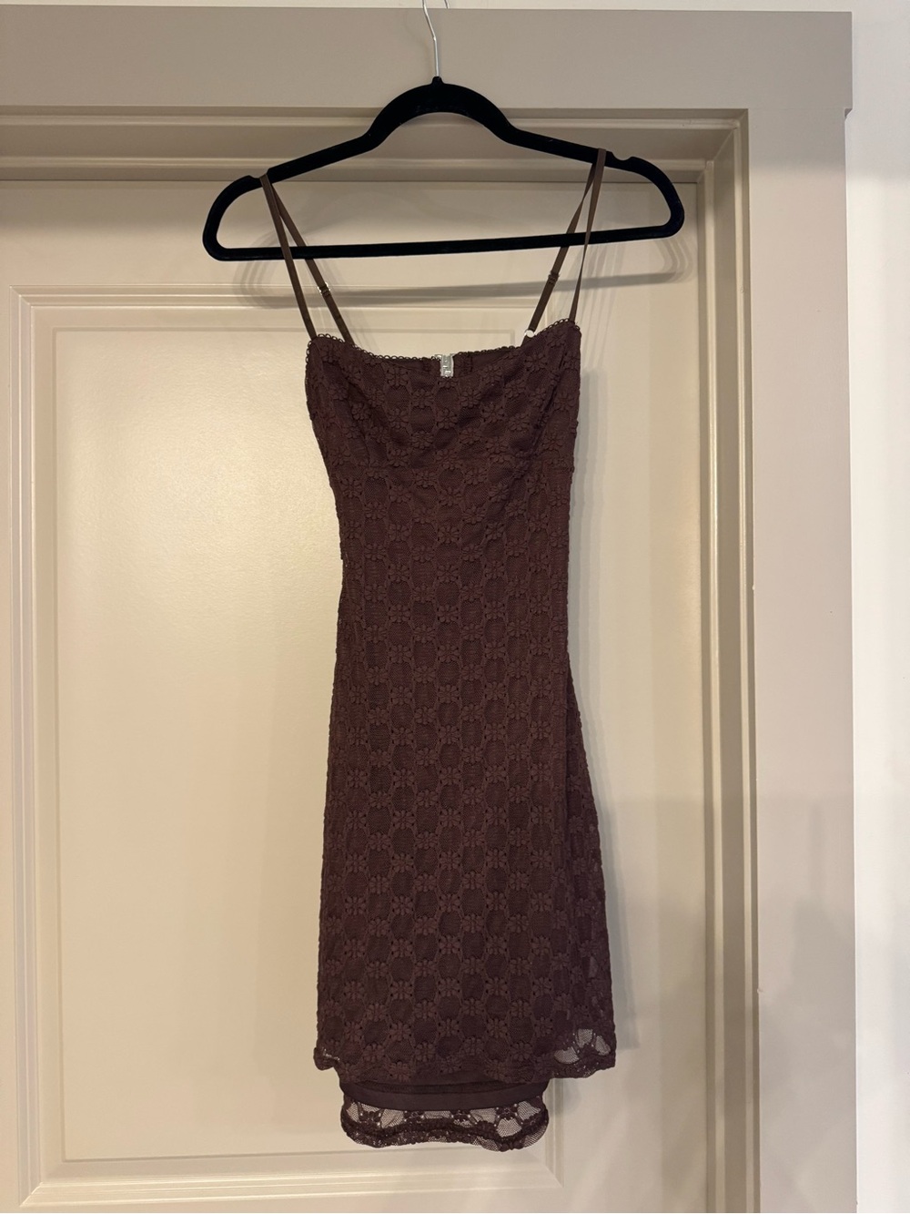Lace Spaghetti-Strap Mini Dress in Brown